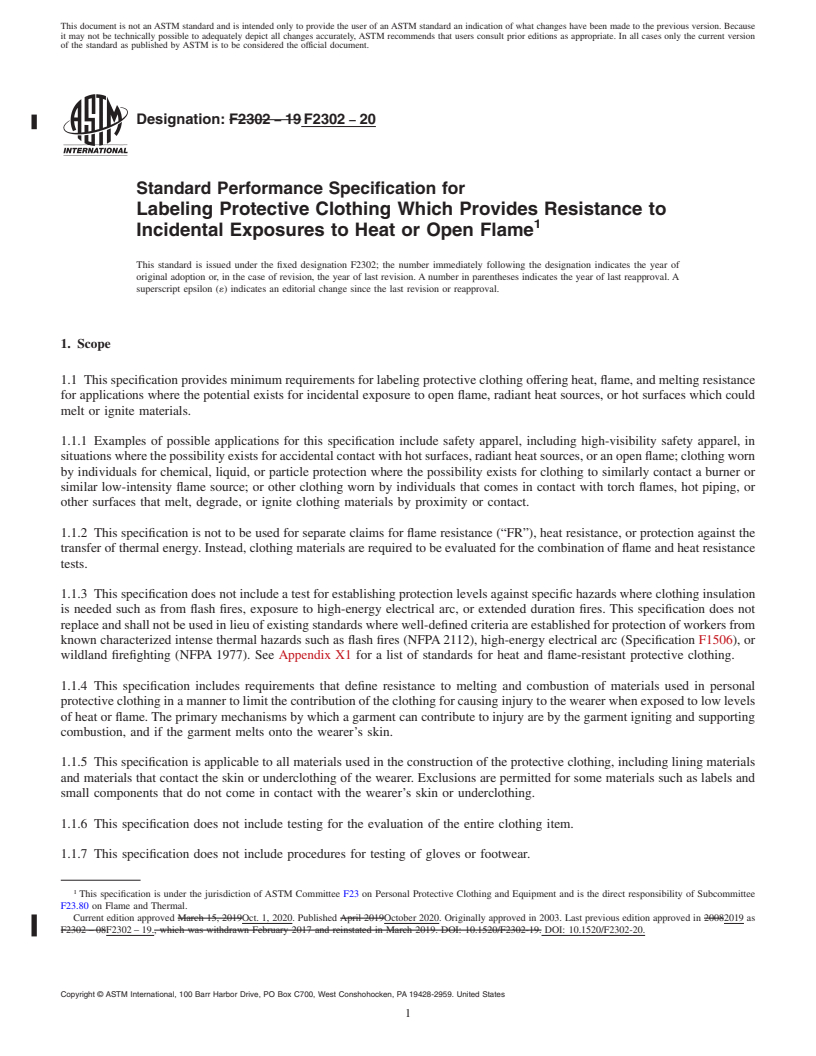 REDLINE ASTM F2302-20 - Standard Performance Specification for Labeling Protective Clothing Which Provides Resistance to Incidental  Exposures to Heat or Open Flame