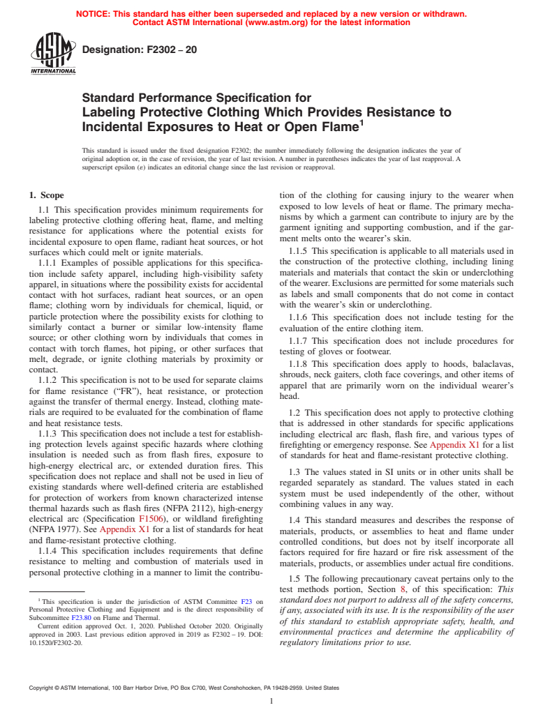 ASTM F2302-20 - Standard Performance Specification for Labeling Protective Clothing Which Provides Resistance to Incidental  Exposures to Heat or Open Flame