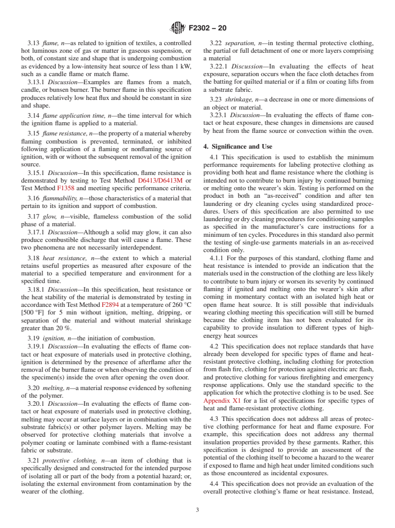 ASTM F2302-20 - Standard Performance Specification for Labeling Protective Clothing Which Provides Resistance to Incidental  Exposures to Heat or Open Flame