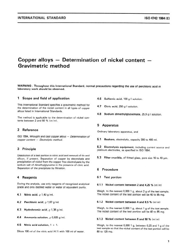 ISO 4742:1984 - Copper alloys -- Determination of nickel content -- Gravimetric method