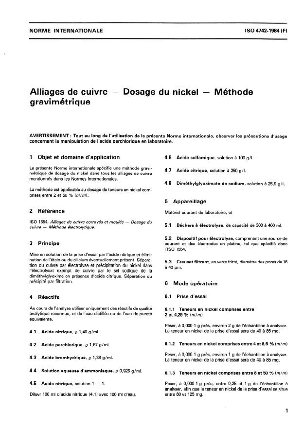 ISO 4742:1984 - Alliages de cuivre -- Dosage du nickel -- Méthode gravimétrique