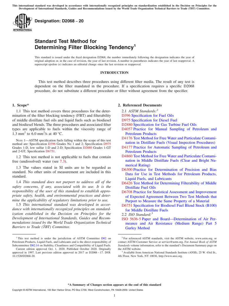 ASTM D2068-20 - Standard Test Method for Determining Filter Blocking Tendency
