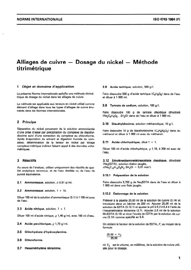 ISO 4743:1984 - Alliages de cuivre -- Dosage du nickel -- Méthode titrimétrique