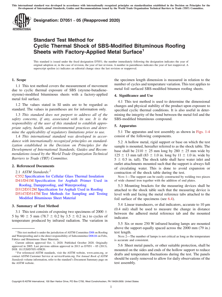 ASTM D7051-05(2020) - Standard Test Method for Cyclic Thermal Shock of SBS-Modified Bituminous Roofing Sheets  with Factory-Applied Metal Surface