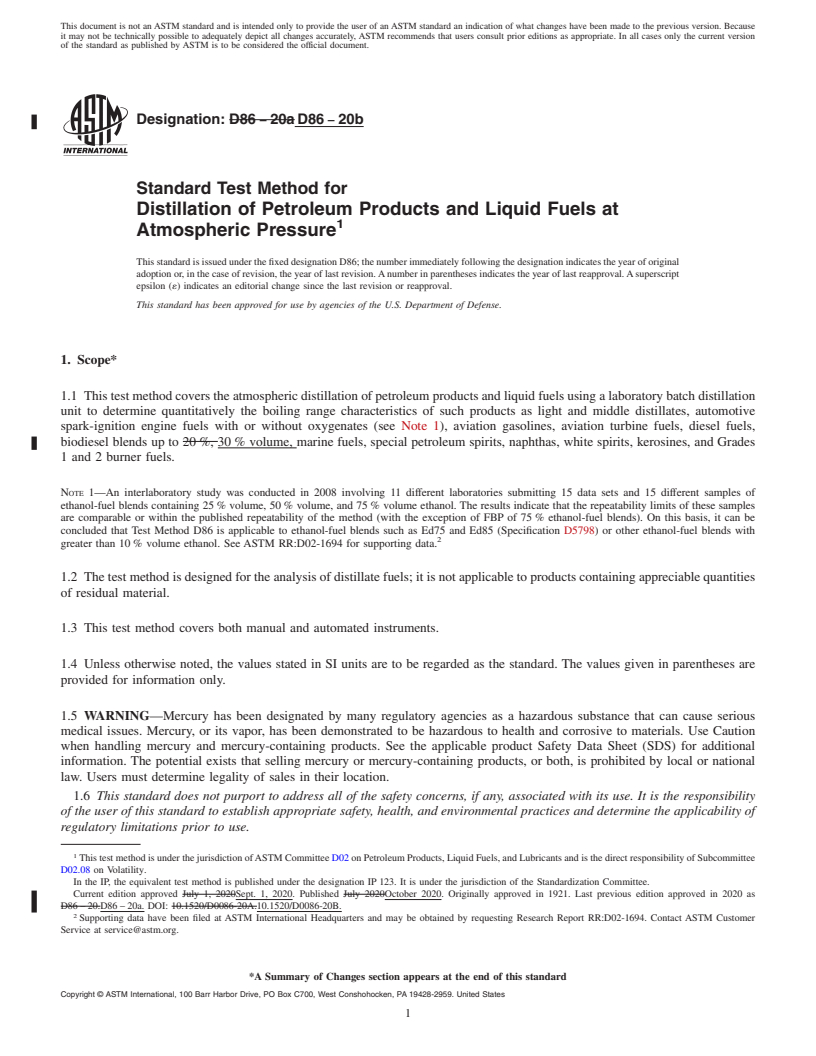 REDLINE ASTM D86-20b - Standard Test Method for Distillation of Petroleum Products and Liquid Fuels at Atmospheric  Pressure