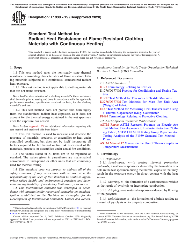 ASTM F1939-15(2020) - Standard Test Method for Radiant Heat Resistance of Flame Resistant Clothing Materials  with Continuous Heating