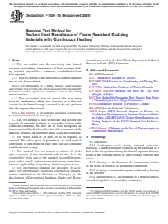 ASTM F1939-15(2020) ASTM F1939-15(2020) - Standard Test Method for Radiant Heat Resistance of Flame Resistant Clothing Materials with Continuous Heating - Page 1 preview