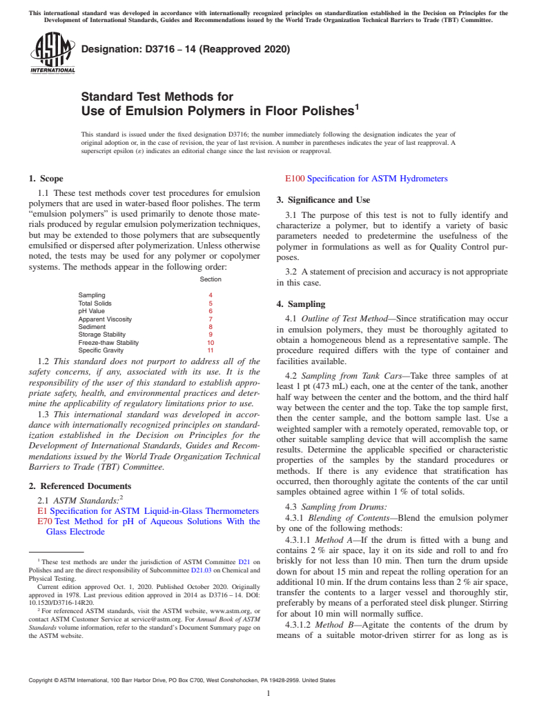 ASTM D3716-14(2020) - Standard Test Methods for  Use of Emulsion Polymers in Floor Polishes