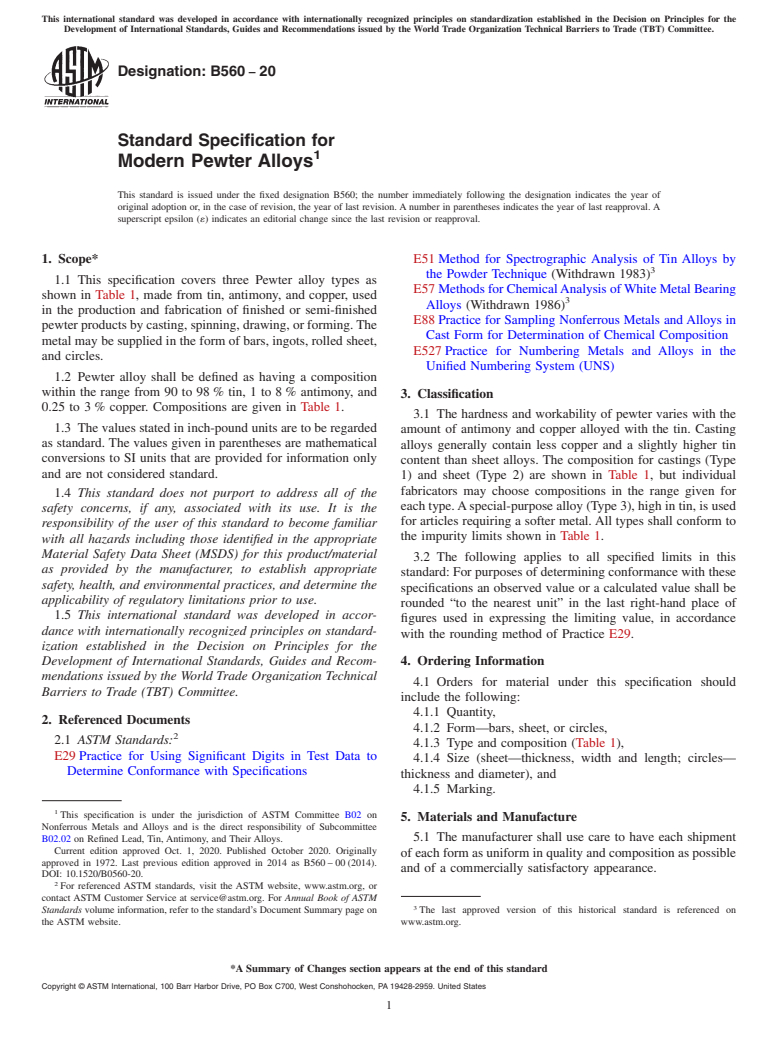 ASTM B560-20 - Standard Specification for Modern Pewter Alloys