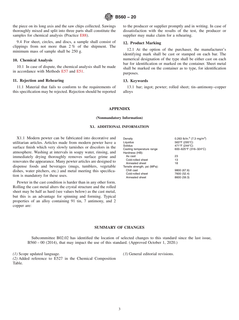 ASTM B560-20 - Standard Specification for Modern Pewter Alloys