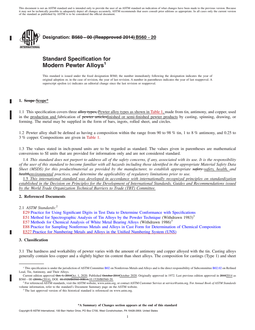 REDLINE ASTM B560-20 - Standard Specification for Modern Pewter Alloys