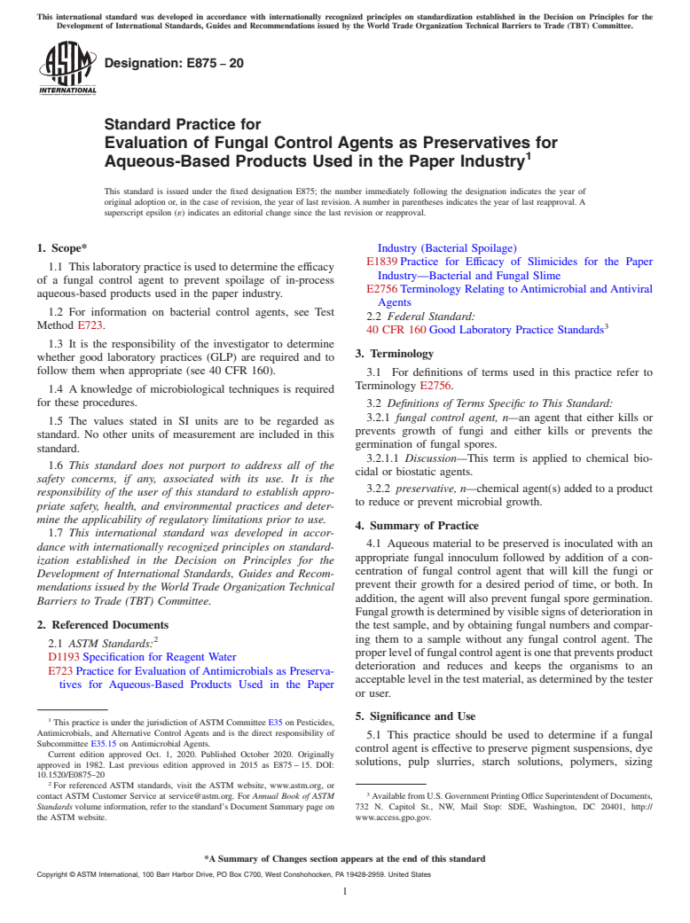 ASTM E875-20 - Standard Practice for  Evaluation of Fungal Control Agents as Preservatives for Aqueous-Based  Products Used in the Paper Industry