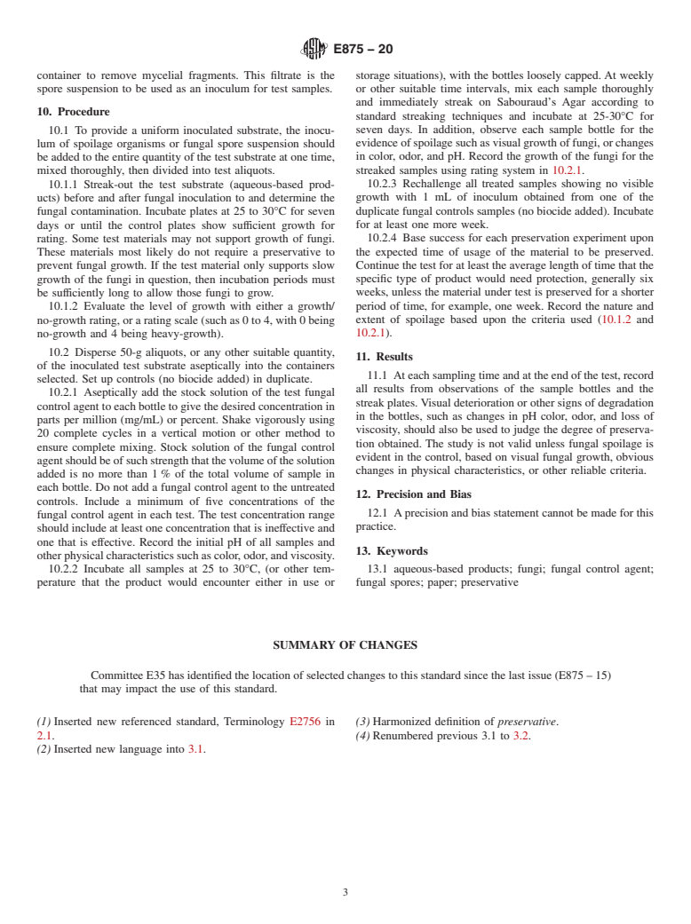 ASTM E875-20 - Standard Practice for  Evaluation of Fungal Control Agents as Preservatives for Aqueous-Based  Products Used in the Paper Industry