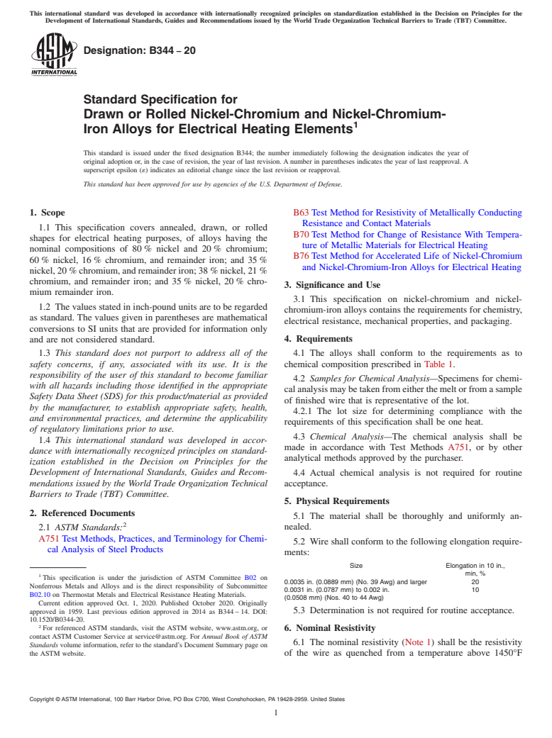 ASTM B344-20 - Standard Specification for Drawn or Rolled Nickel-Chromium and Nickel-Chromium-Iron Alloys  for  Electrical Heating Elements