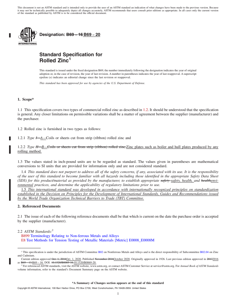 REDLINE ASTM B69-20 - Standard Specification for Rolled Zinc