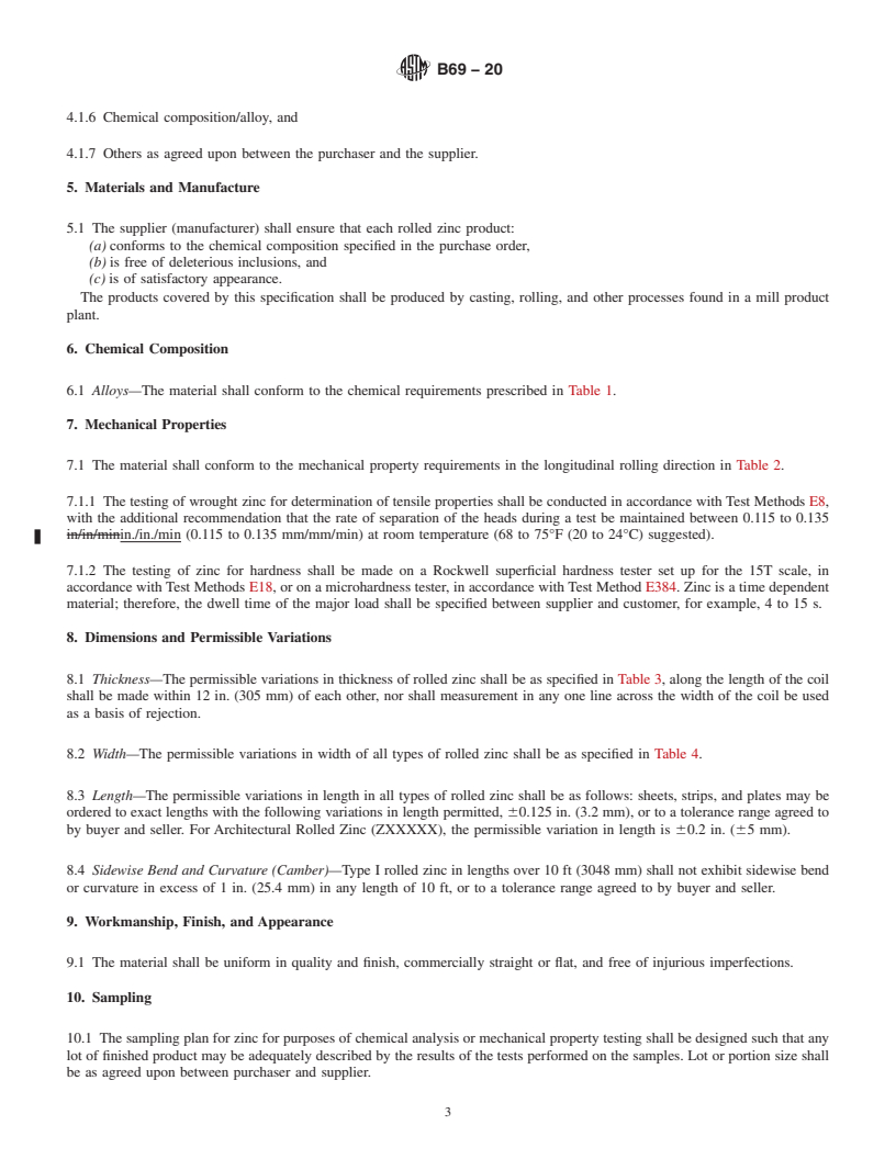 REDLINE ASTM B69-20 - Standard Specification for Rolled Zinc