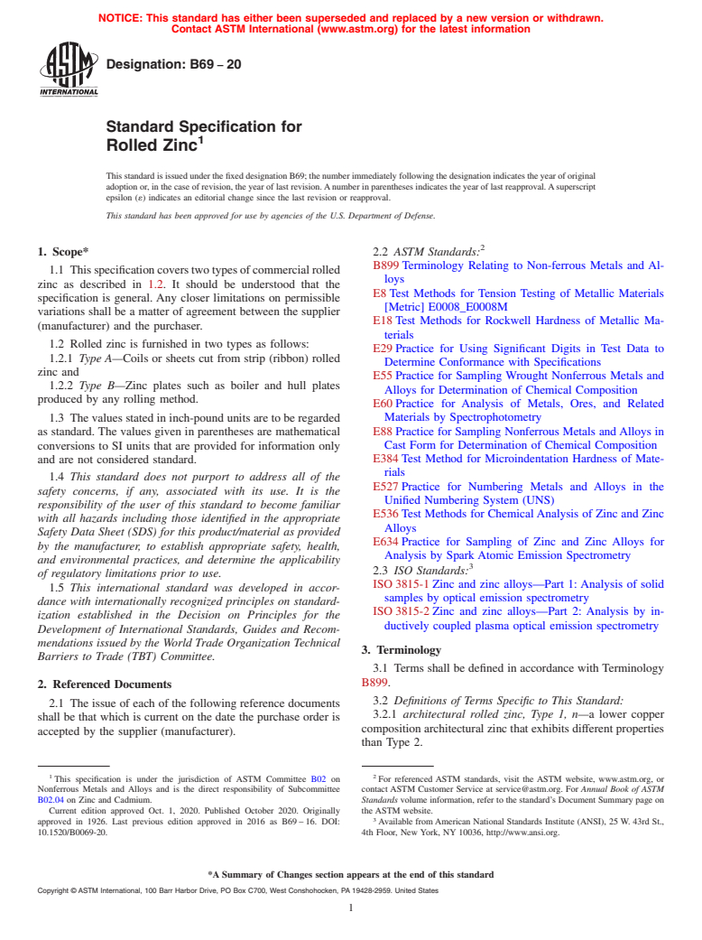 ASTM B69-20 - Standard Specification for Rolled Zinc