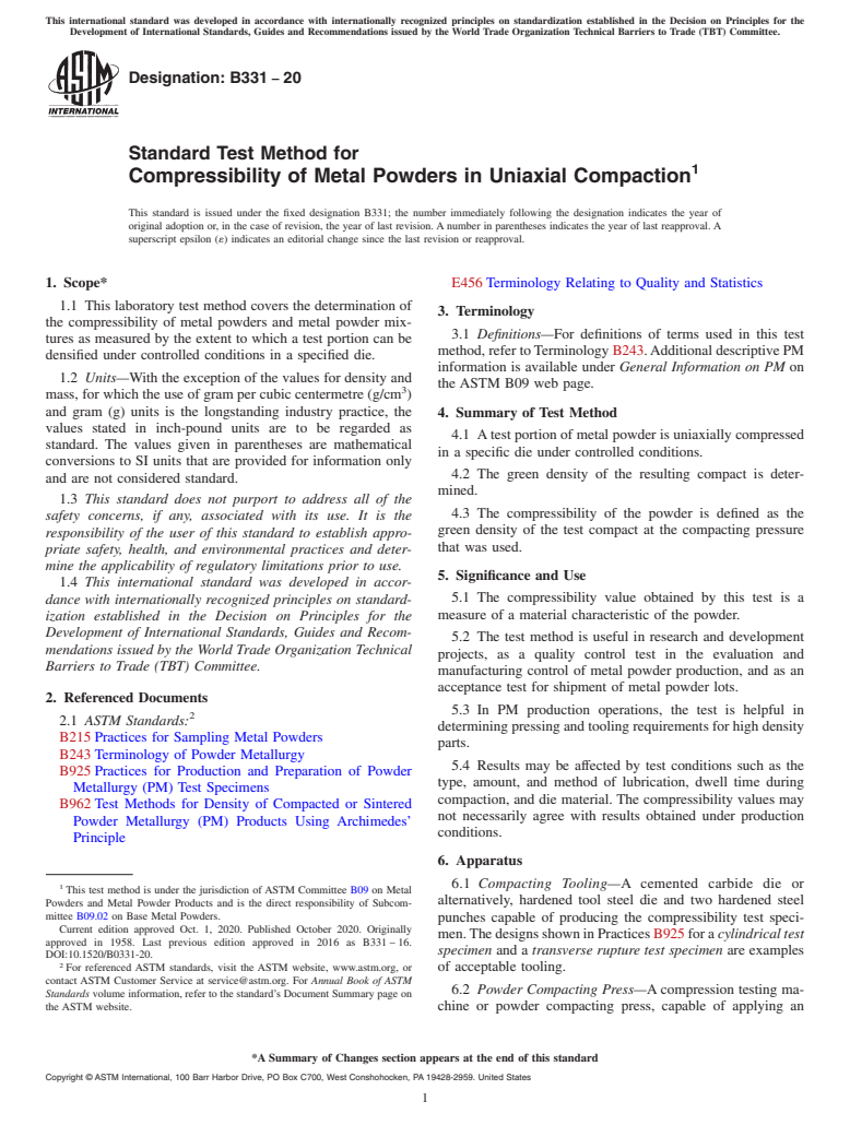 ASTM B331-20 - Standard Test Method for Compressibility of Metal Powders in Uniaxial Compaction