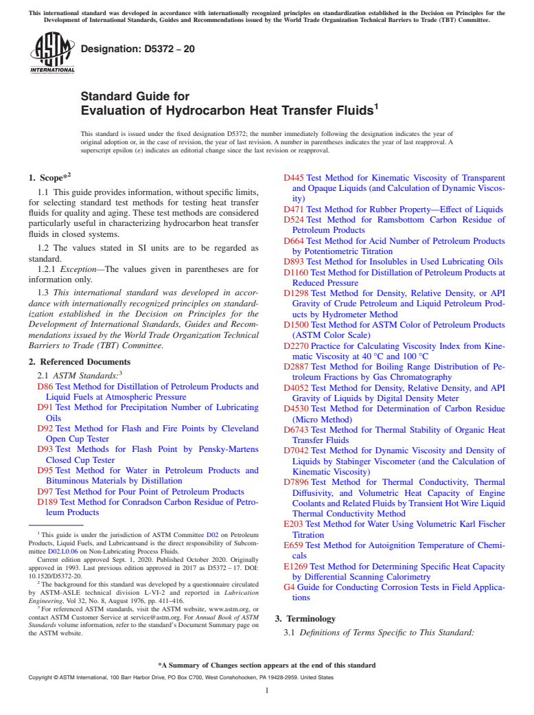 ASTM D5372-20 - Standard Guide for  Evaluation of Hydrocarbon Heat Transfer Fluids