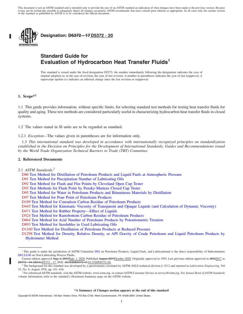 REDLINE ASTM D5372-20 - Standard Guide for  Evaluation of Hydrocarbon Heat Transfer Fluids