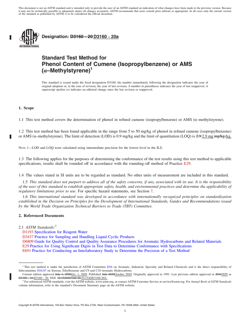 REDLINE ASTM D3160-20a - Standard Test Method for  Phenol Content of Cumene (Isopropylbenzene) or AMS (&#x3b1;&#x2013;Methylstyrene)