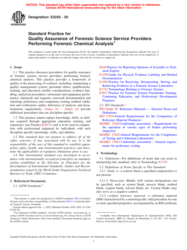 ASTM E3255-20 - Standard Practice for Quality Assurance of Forensic Science Service Providers Performing  Forensic Chemical Analysis