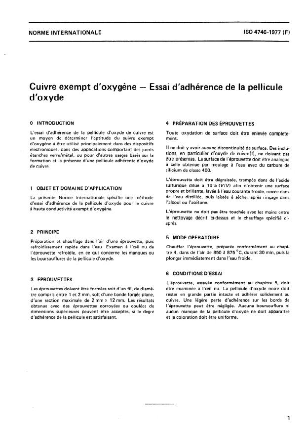 ISO 4746:1977 - Cuivre exempt d'oxygene -- Essai d'adhérence de la pellicule d'oxyde