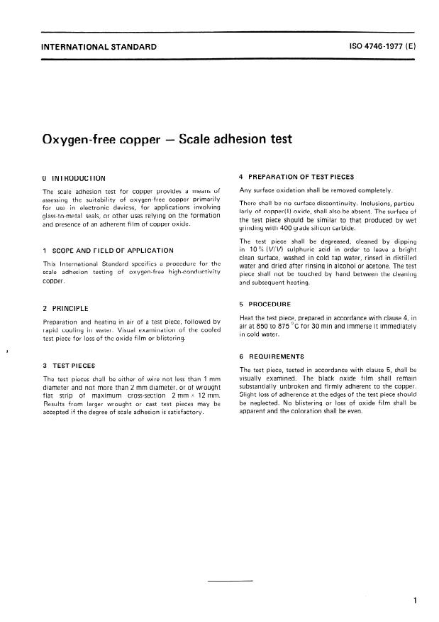 ISO 4746:1977 - Oxygen-free copper -- Scale adhesion test