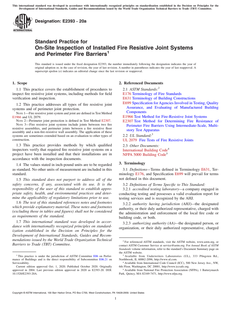 ASTM E2393-20a - Standard Practice for On-Site Inspection of Installed Fire Resistive Joint Systems  and Perimeter Fire Barriers