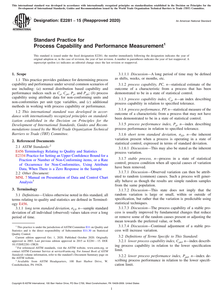 ASTM E2281-15(2020) - Standard Practice for Process Capability and Performance Measurement