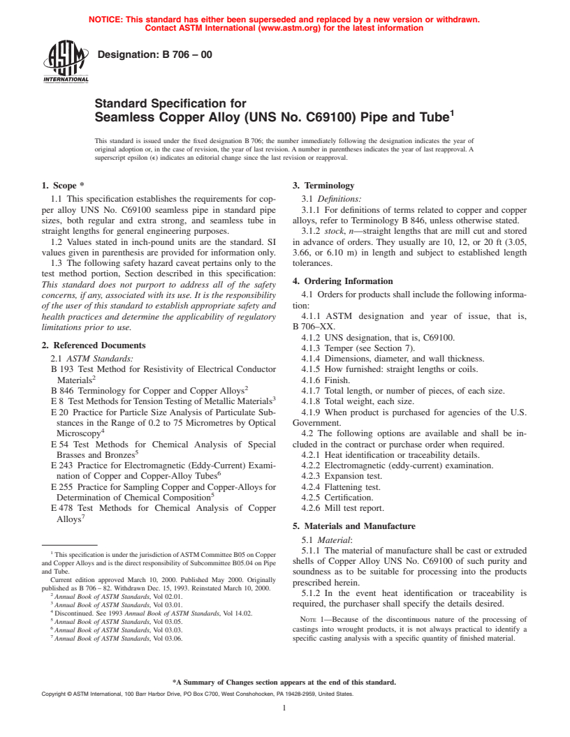 ASTM B706-00 - Standard Specification for Seamless Copper Alloy (UNS No. C69100) Pipe and Tube