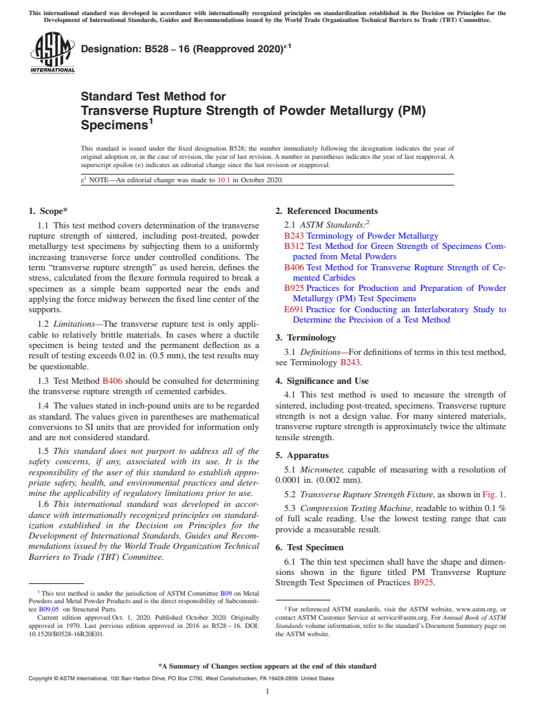 ASTM B528-16(2020)e1 - Standard Test Method for  Transverse Rupture Strength of Powder Metallurgy (PM) Specimens