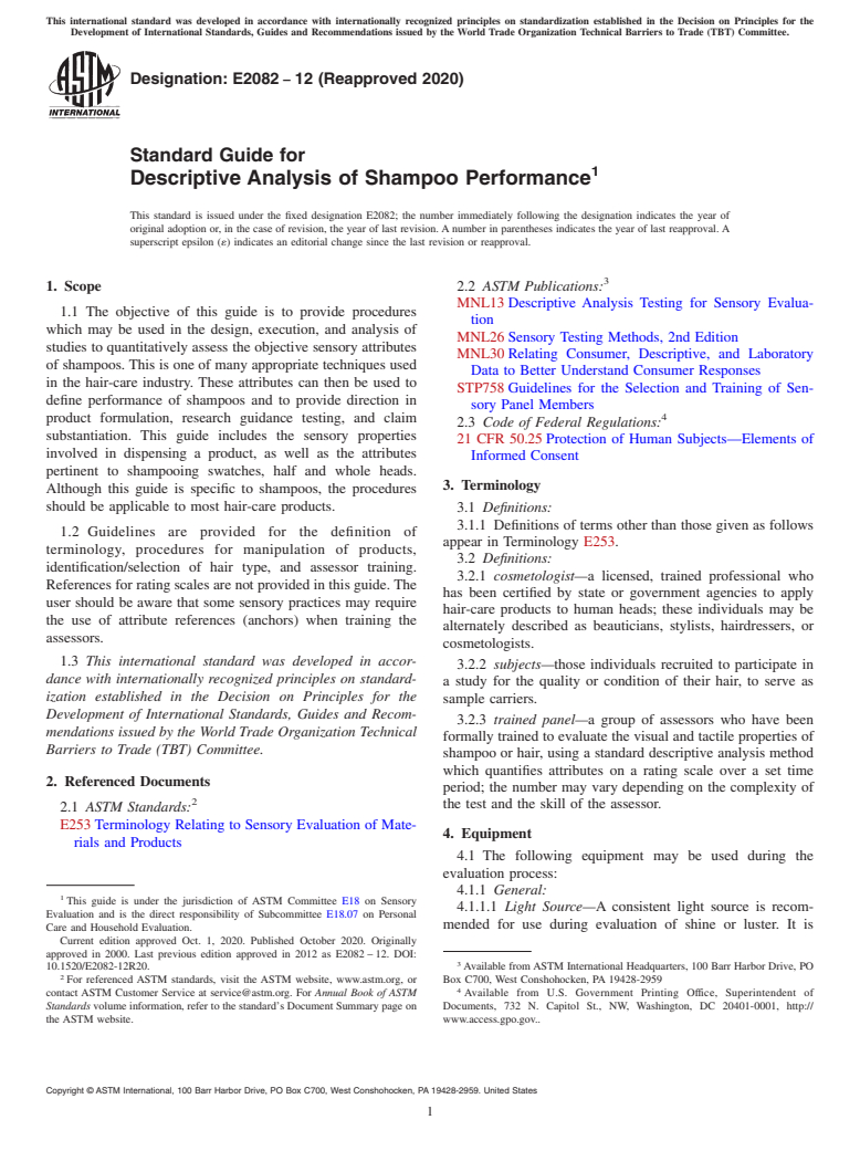 ASTM E2082-12(2020) - Standard Guide for  Descriptive Analysis of Shampoo Performance