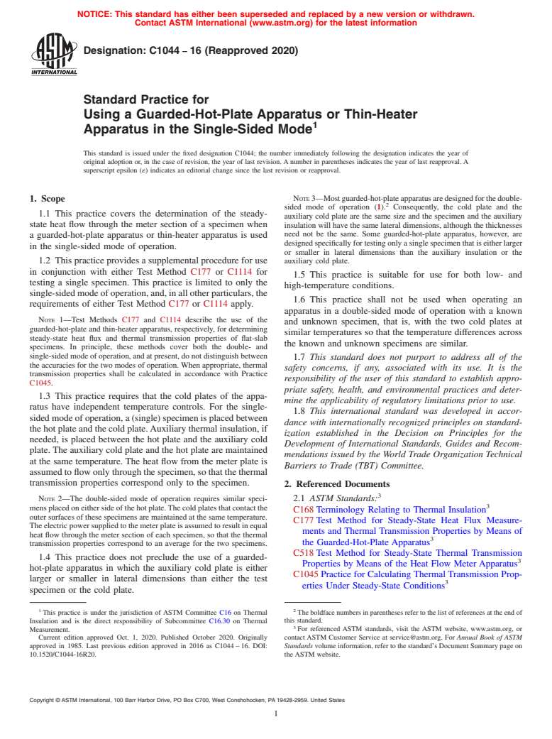 ASTM C1044-16(2020) - Standard Practice for Using a Guarded-Hot-Plate Apparatus or Thin-Heater Apparatus  in the Single-Sided Mode