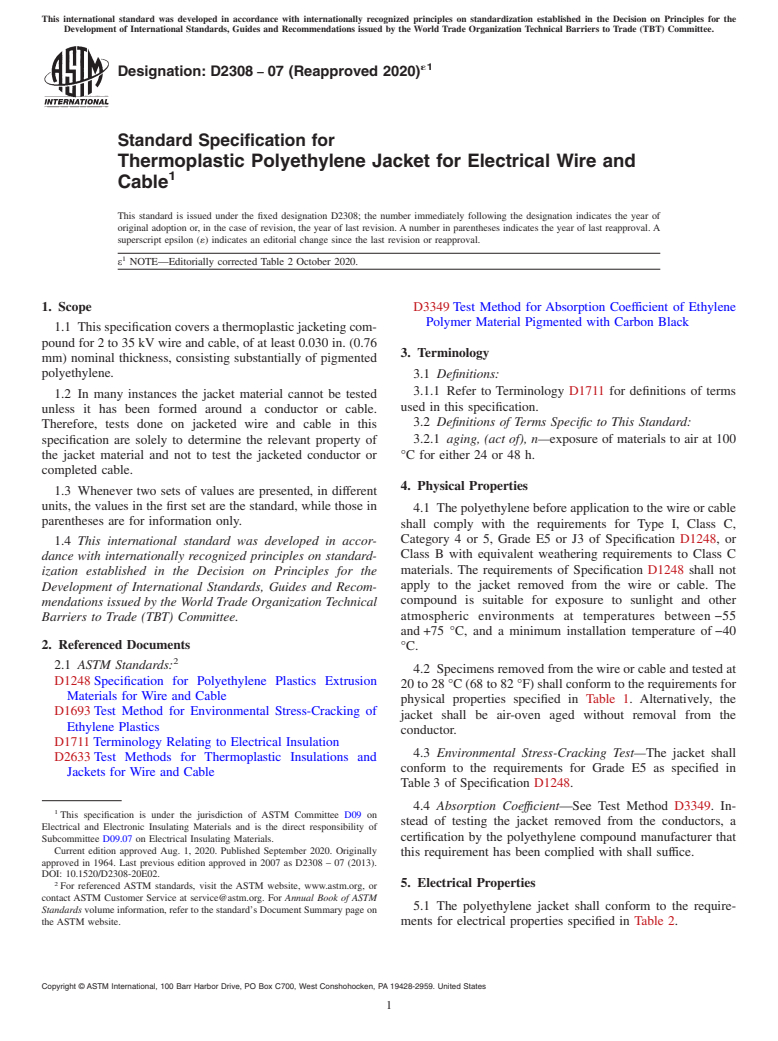 ASTM D2308-07(2020)e1 - Standard Specification for  Thermoplastic Polyethylene Jacket for Electrical Wire and Cable