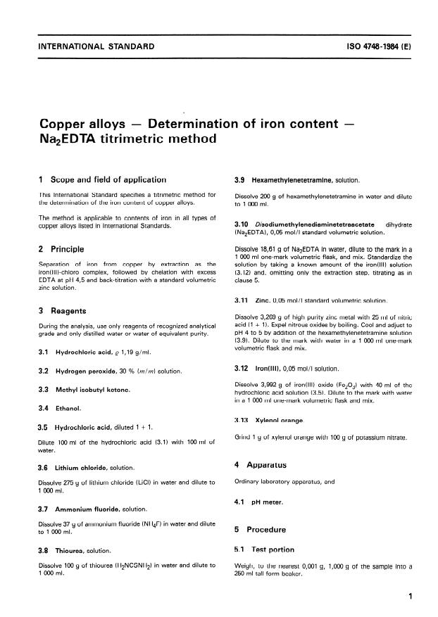 ISO 4748:1984 - Copper alloys -- Determination of iron content -- Na2EDTA titrimetric method