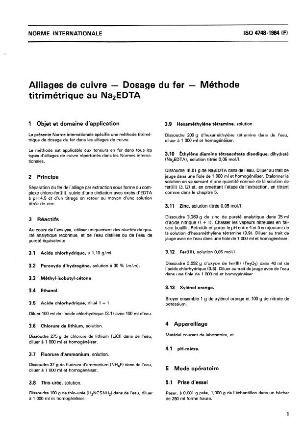 ISO 4748:1984 - Alliages de cuivre -- Dosage du fer -- Méthode titrimétrique au Na2EDTA