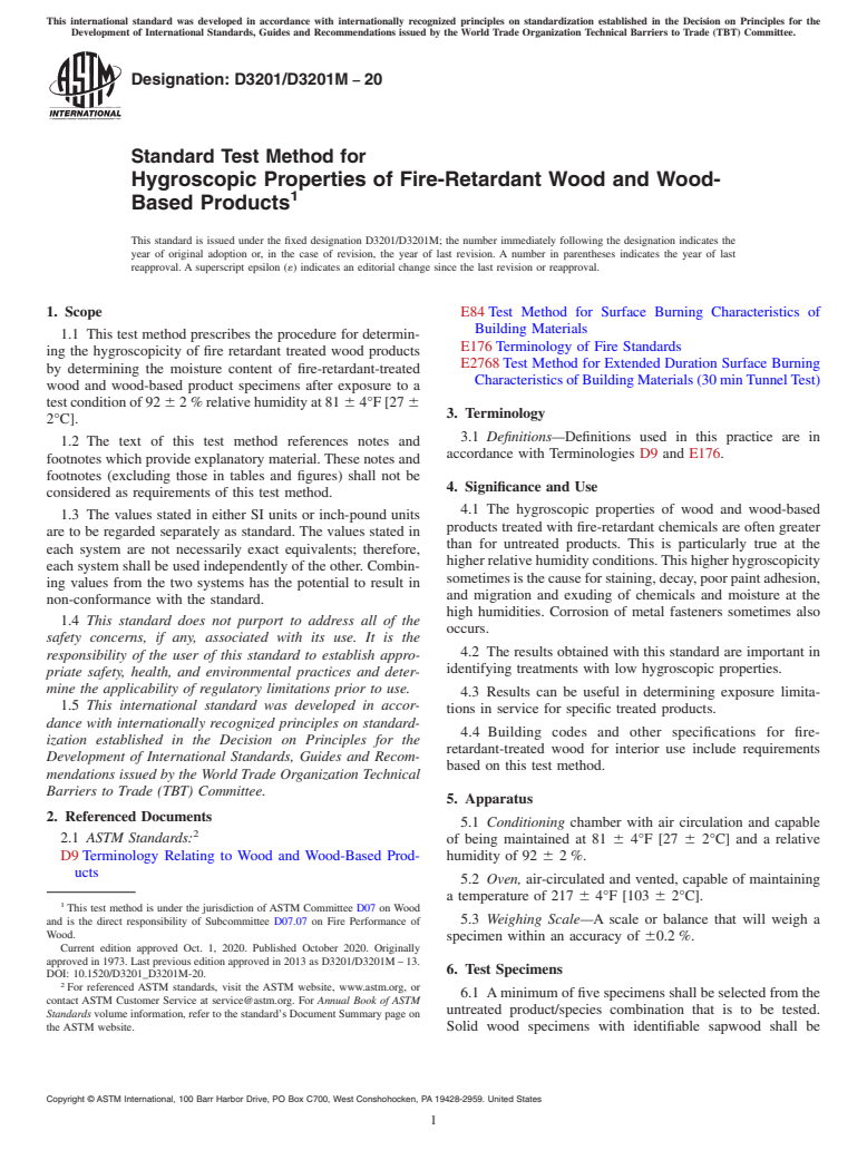 ASTM D3201/D3201M-20 - Standard Test Method for  Hygroscopic Properties of Fire-Retardant Wood and Wood-Based  Products