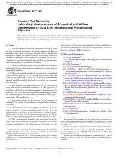 ASTM E477-20 ASTM E477-20 - Standard Test Method for Laboratory Measurements of Acoustical and Airflow Performance of Duct Liner Materials and Prefabricated Silencers - Page 1 preview