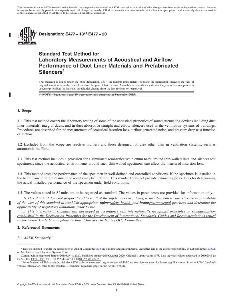 REDLINE ASTM E477-20 - Standard Test Method for  Laboratory Measurements of Acoustical and Airflow Performance  of Duct Liner Materials and Prefabricated Silencers