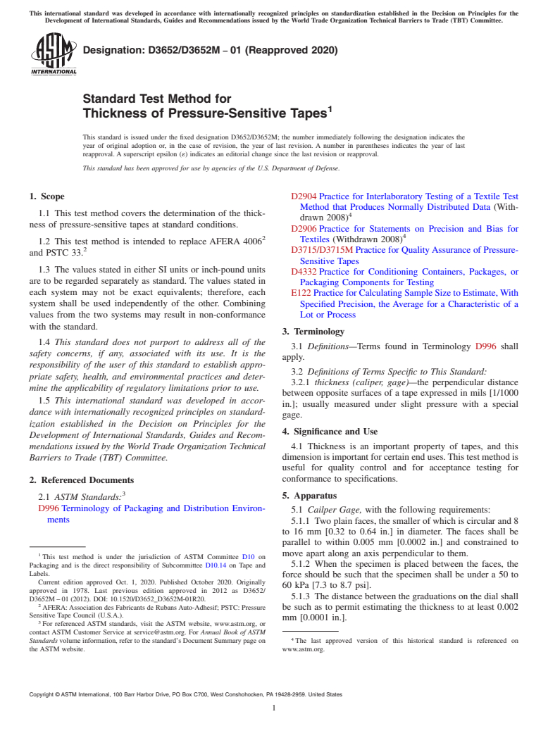 ASTM D3652/D3652M-01(2020) - Standard Test Method for  Thickness of Pressure-Sensitive Tapes