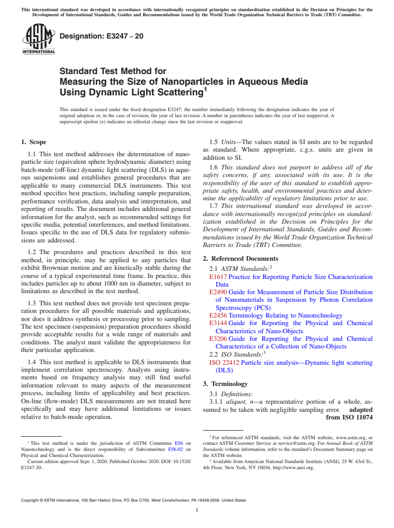 ASTM E3247-20 - Standard Test Method for Measuring the Size of Nanoparticles in Aqueous Media Using  Dynamic Light Scattering