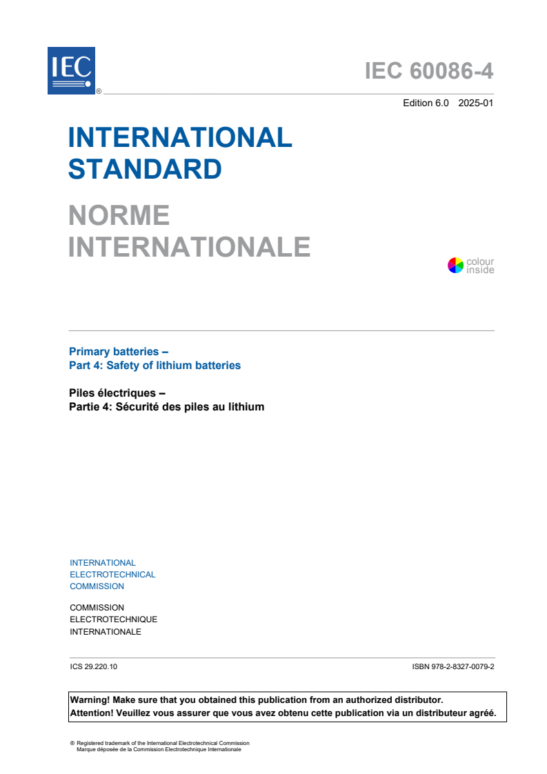 IEC 60086-4:2025 - Primary batteries - Part 4: Safety of lithium batteries
Released:29. 01. 2025
Isbn:9782832700792