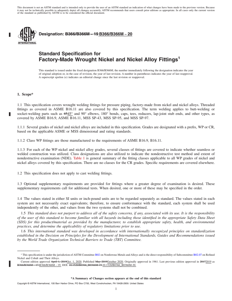 REDLINE ASTM B366/B366M-20 - Standard Specification for Factory-Made Wrought Nickel and Nickel Alloy Fittings