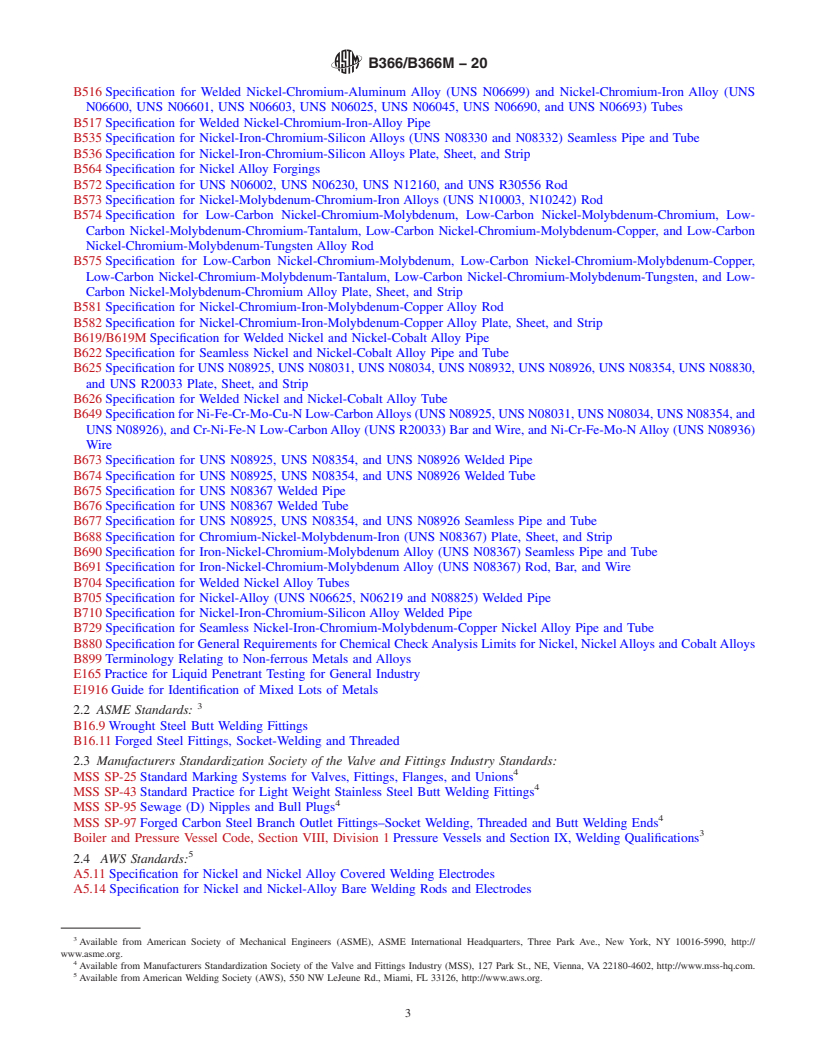 REDLINE ASTM B366/B366M-20 - Standard Specification for Factory-Made Wrought Nickel and Nickel Alloy Fittings