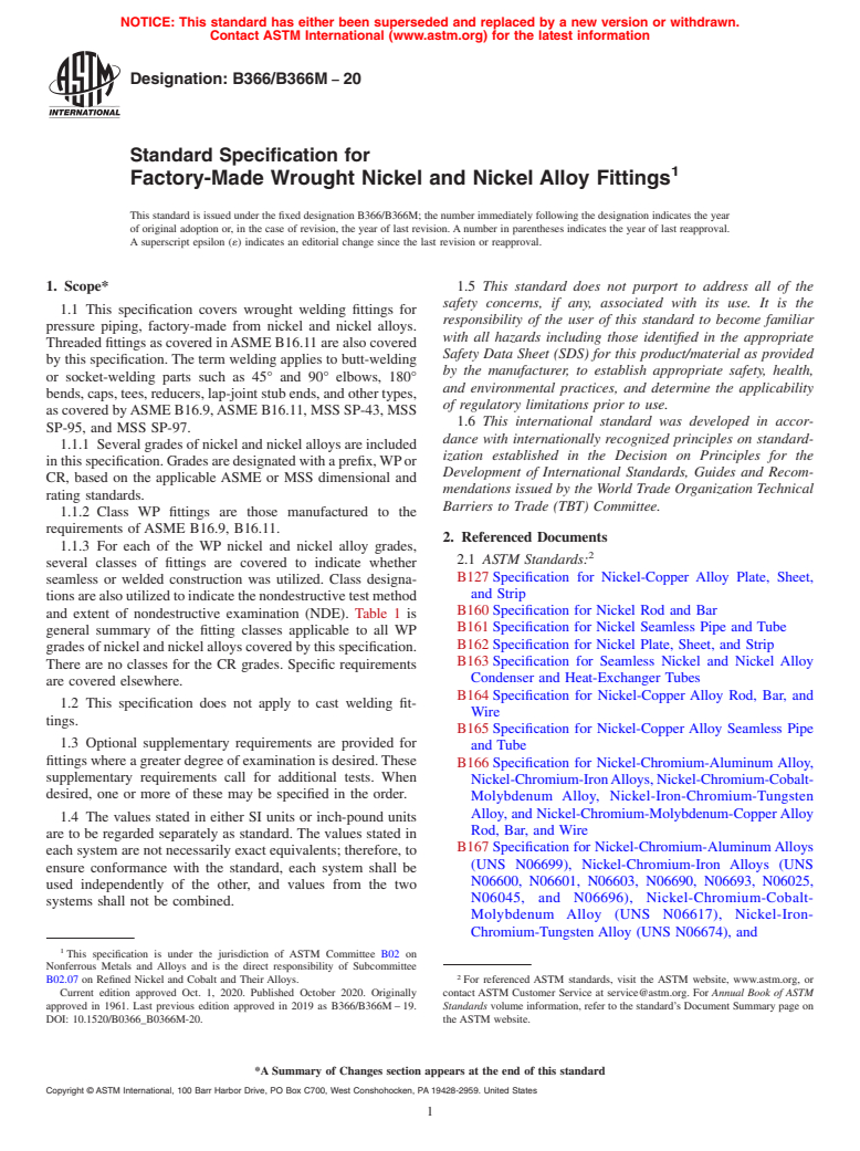 ASTM B366/B366M-20 - Standard Specification for Factory-Made Wrought Nickel and Nickel Alloy Fittings