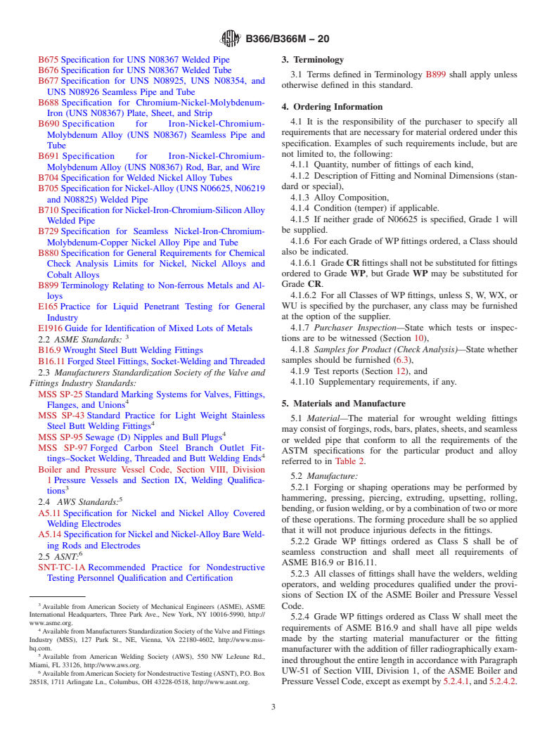 ASTM B366/B366M-20 - Standard Specification for Factory-Made Wrought Nickel and Nickel Alloy Fittings