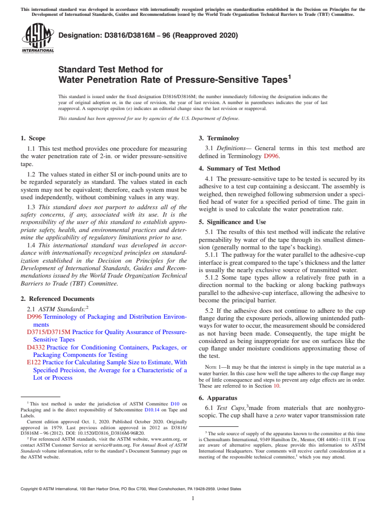 ASTM D3816/D3816M-96(2020) - Standard Test Method for  Water Penetration Rate of Pressure-Sensitive Tapes