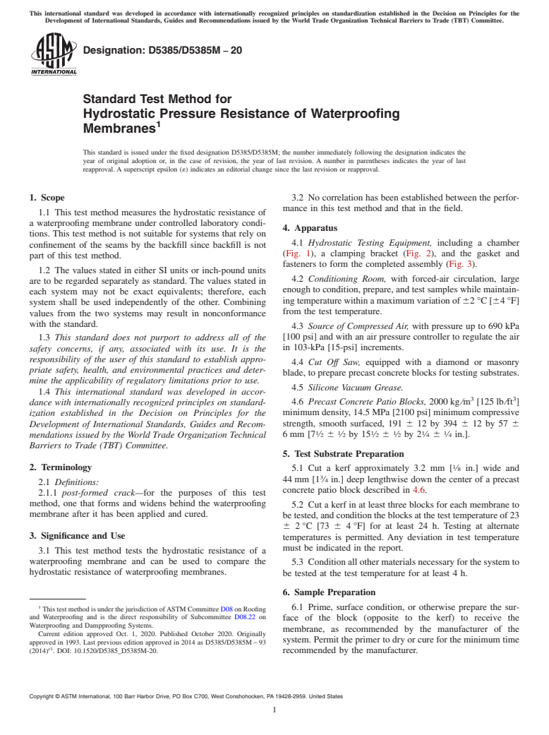 ASTM D5385/D5385M-20 - Standard Test Method for Hydrostatic Pressure Resistance of Waterproofing Membranes