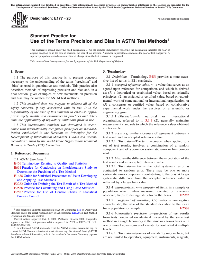 ASTM E177-20 - Standard Practice for  Use of the Terms Precision and Bias in ASTM Test Methods